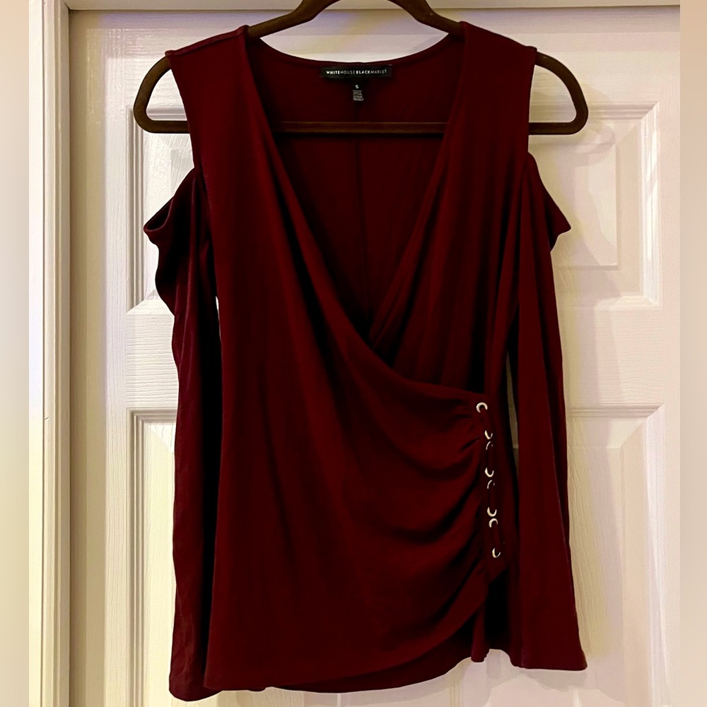 White House Black Market Maroon V-neck Cold Shoulder Top